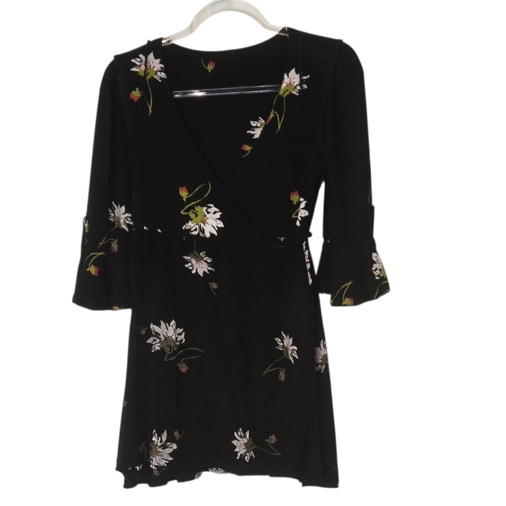 Free People Black Floral Wrap Mini Dress Boho 3/4 Sleeve Butterfly Sz XS - Picture 5 of 5